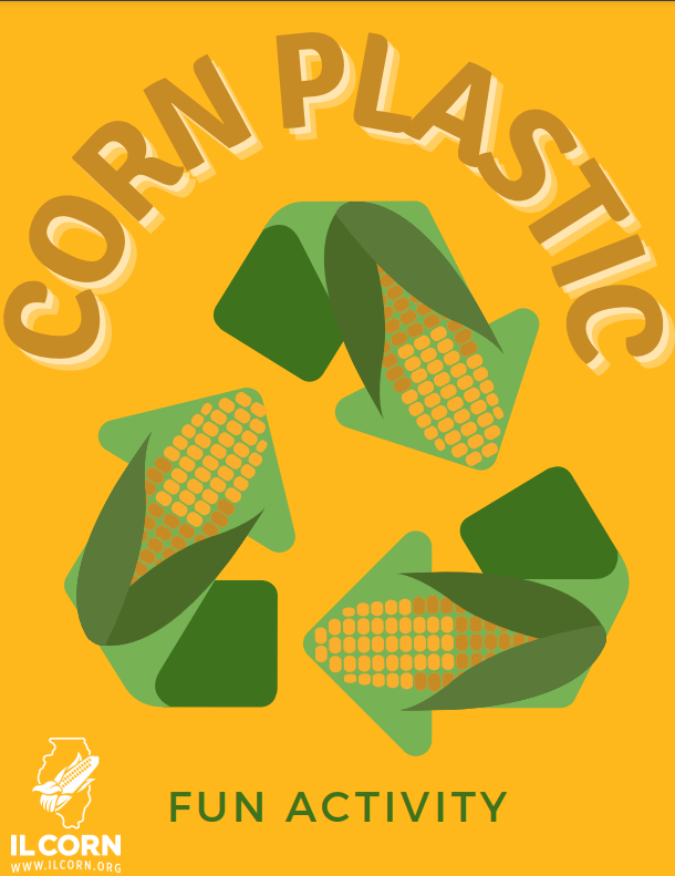 graphic of corn plastic text with recycle icon and corn overlaying that